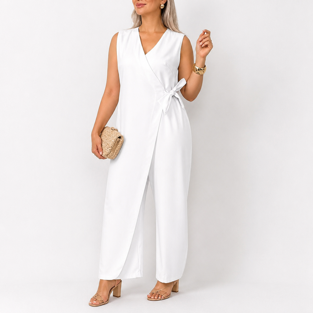 SereneSilhouette™ – Chic Sleeveless Wrap-Front Jumpsuit Featuring Side Tie