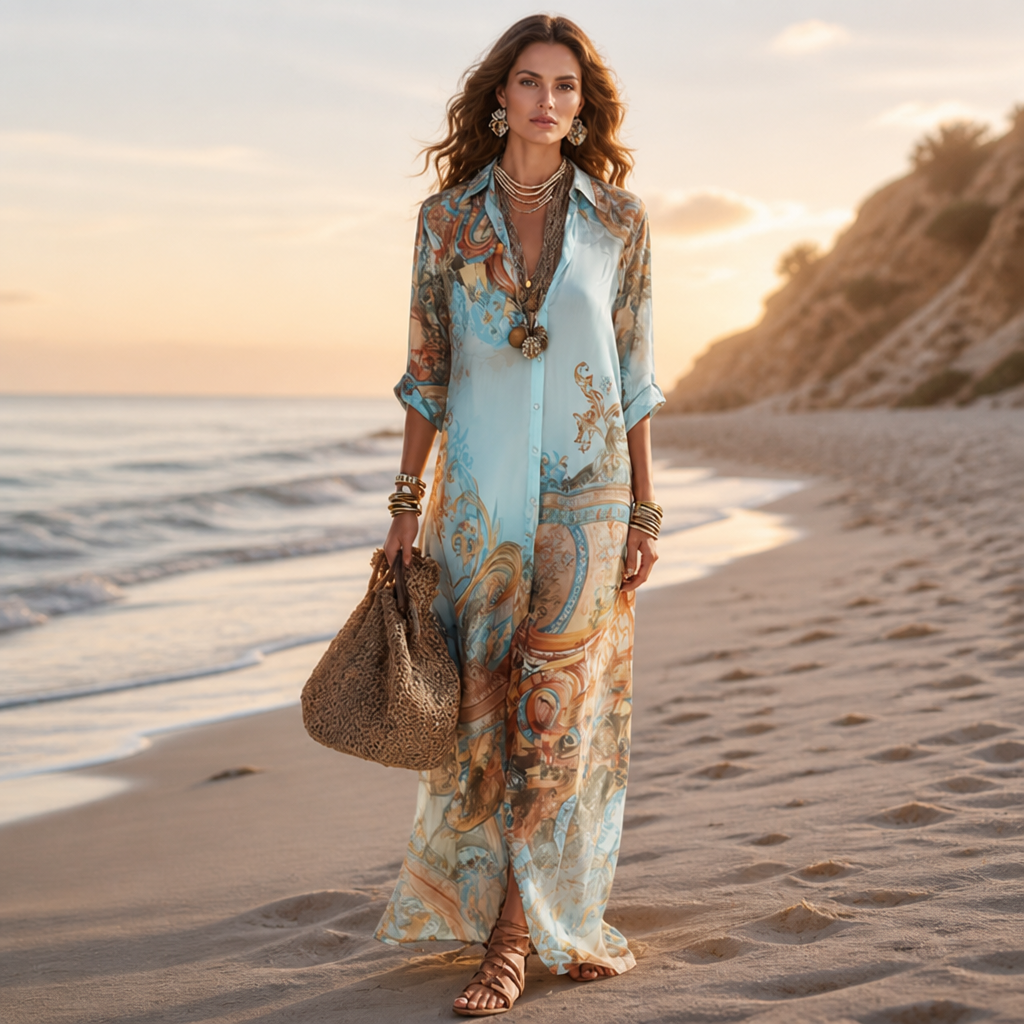 MarabellaMist™ – Flowy Mediterranean-Print Maxi Shirt Dress