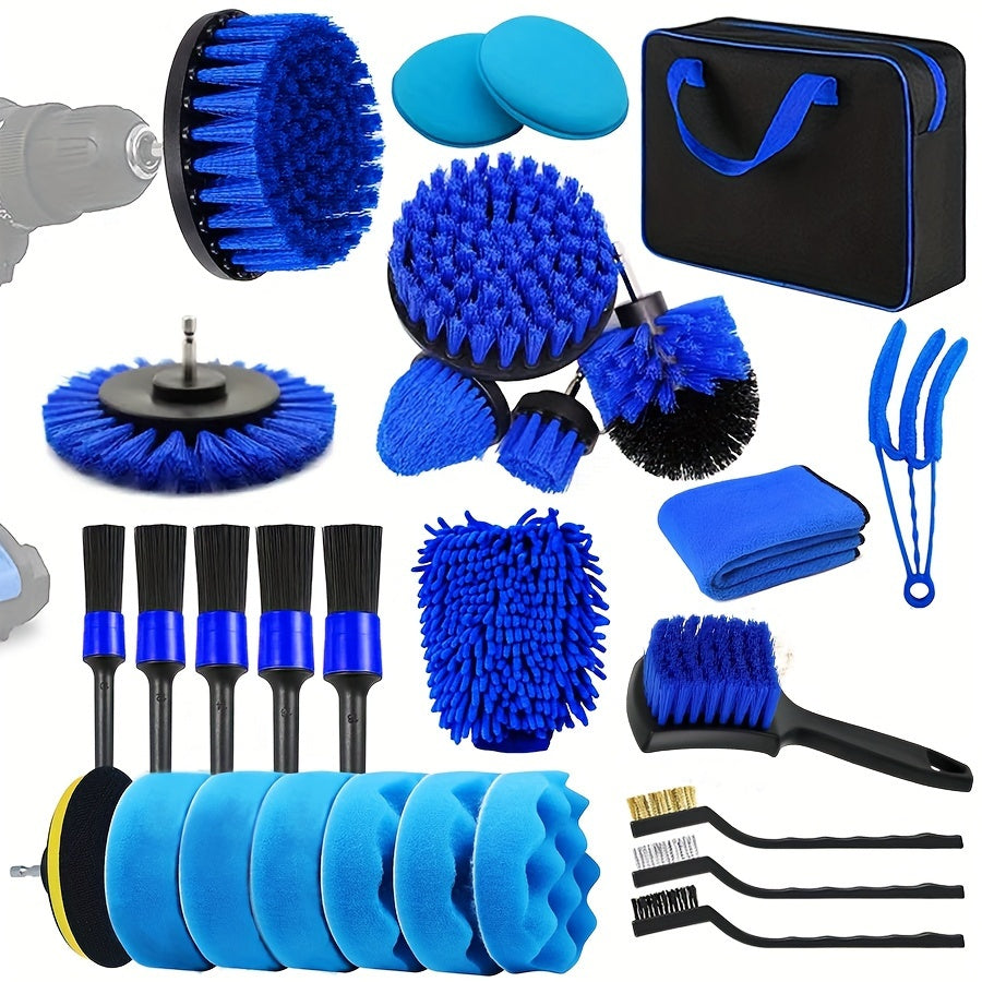 28-Piece Brush Set for Automatic Car Washing with Drill Attachments and Bag