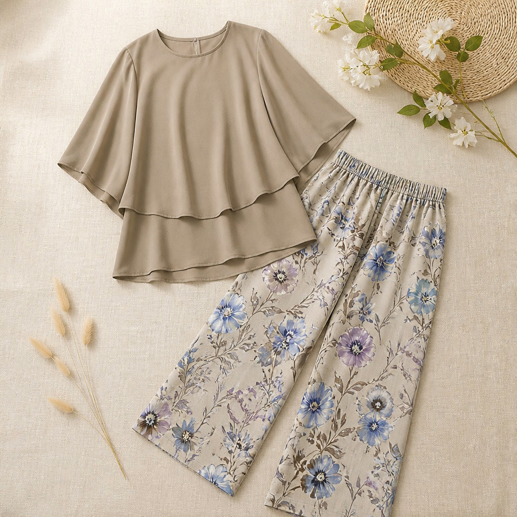 Flexara™ – Stylish Layered Chiffon Blouse with Wide-Leg Printed Pants Set