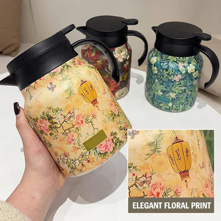 1 L Insulated Jug with Floral Pattern – Stainless Steel, Push-Button Lid