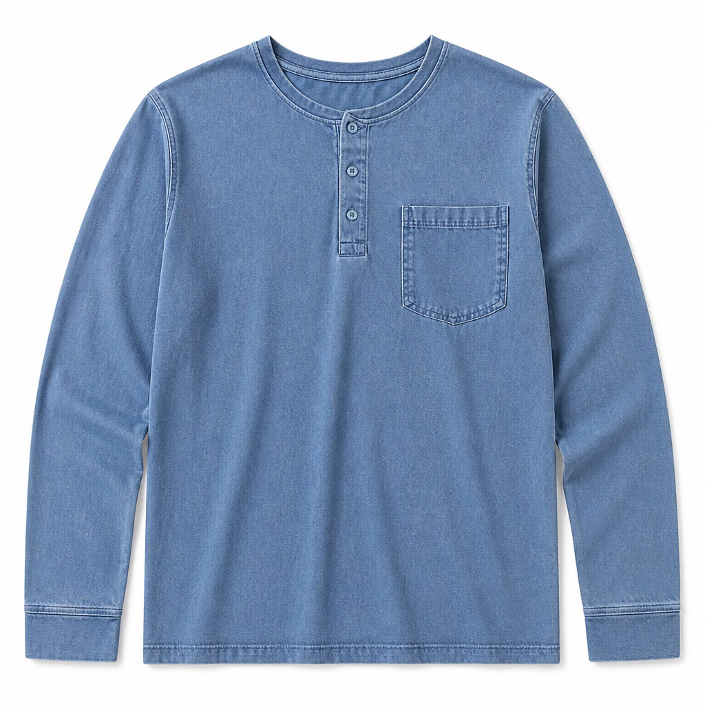 VeroVibe™ – Long Sleeve Henley in Vintage Wash with Chest Pocket