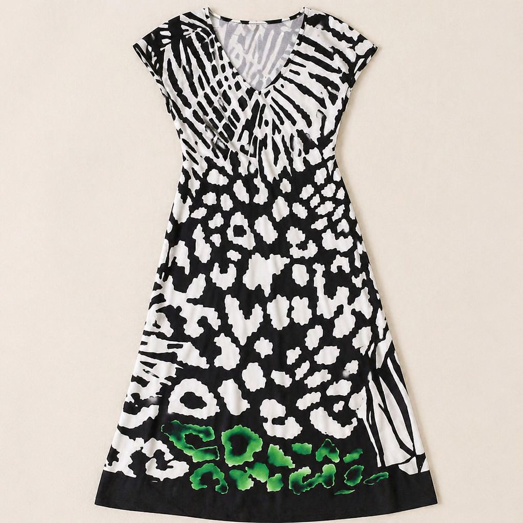 LuminaFlow™ – Breezy V-Neck Midi Dress Featuring Mixed Animal Prints