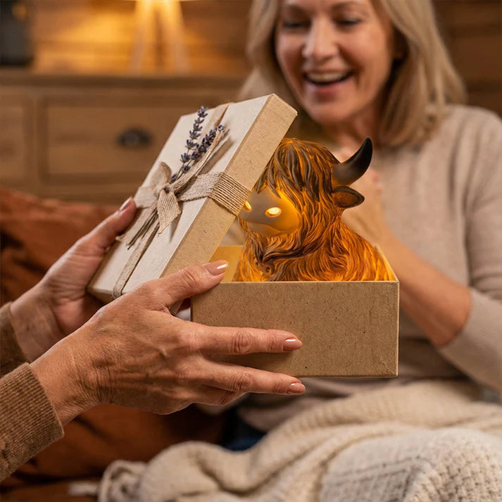 Highland Cattle Night Lamp Made from Resin – Decorative Light with Warm Amber Glow