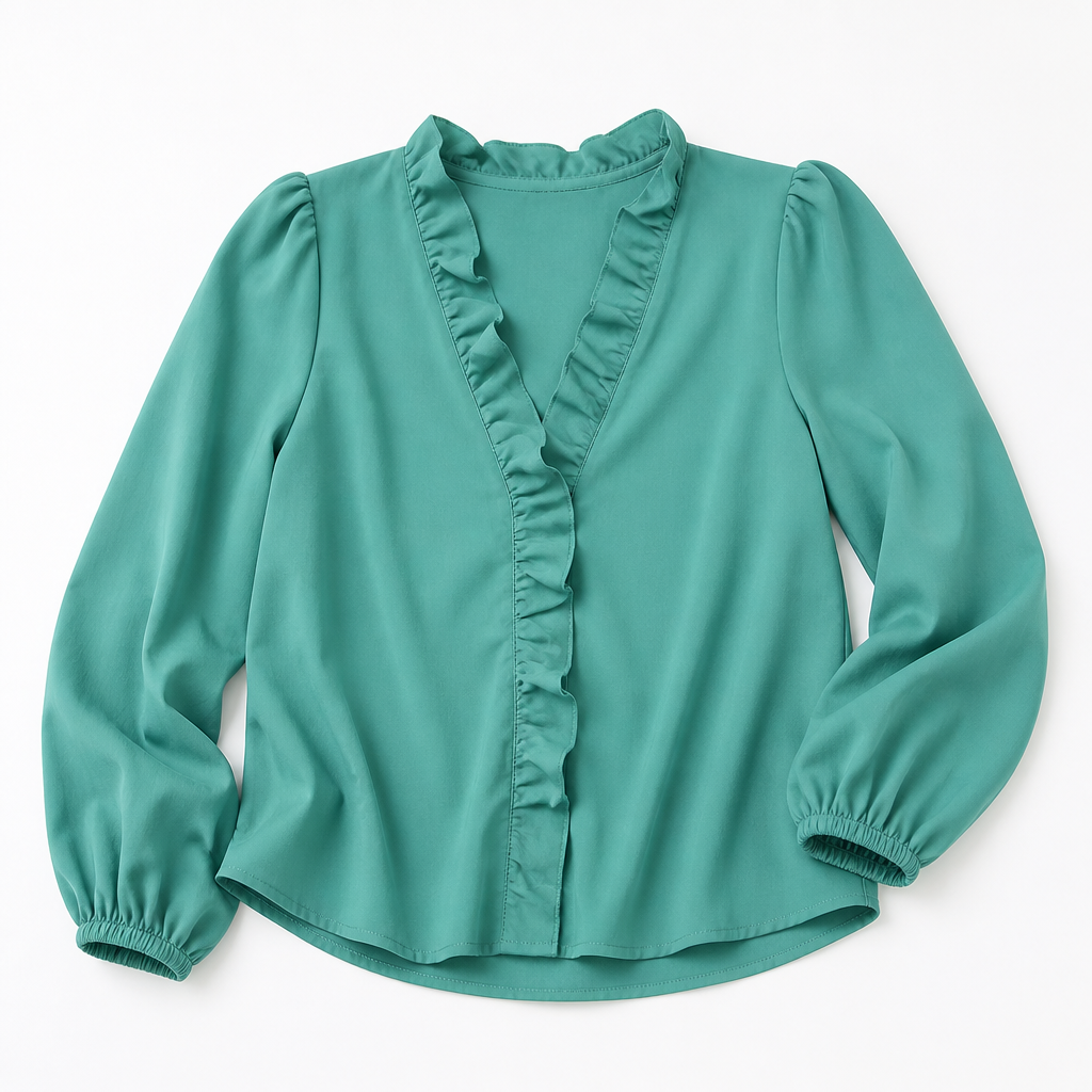 FlairMist™ – Romantic Ruffled V-Neck Top with Lantern Sleeves