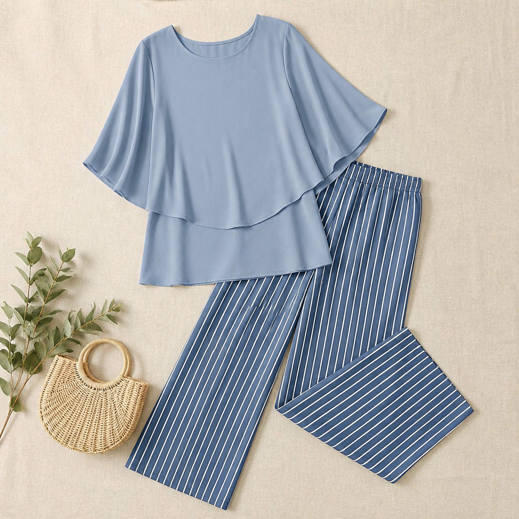 Flexara™ – Stylish Layered Chiffon Blouse with Wide-Leg Printed Pants Set