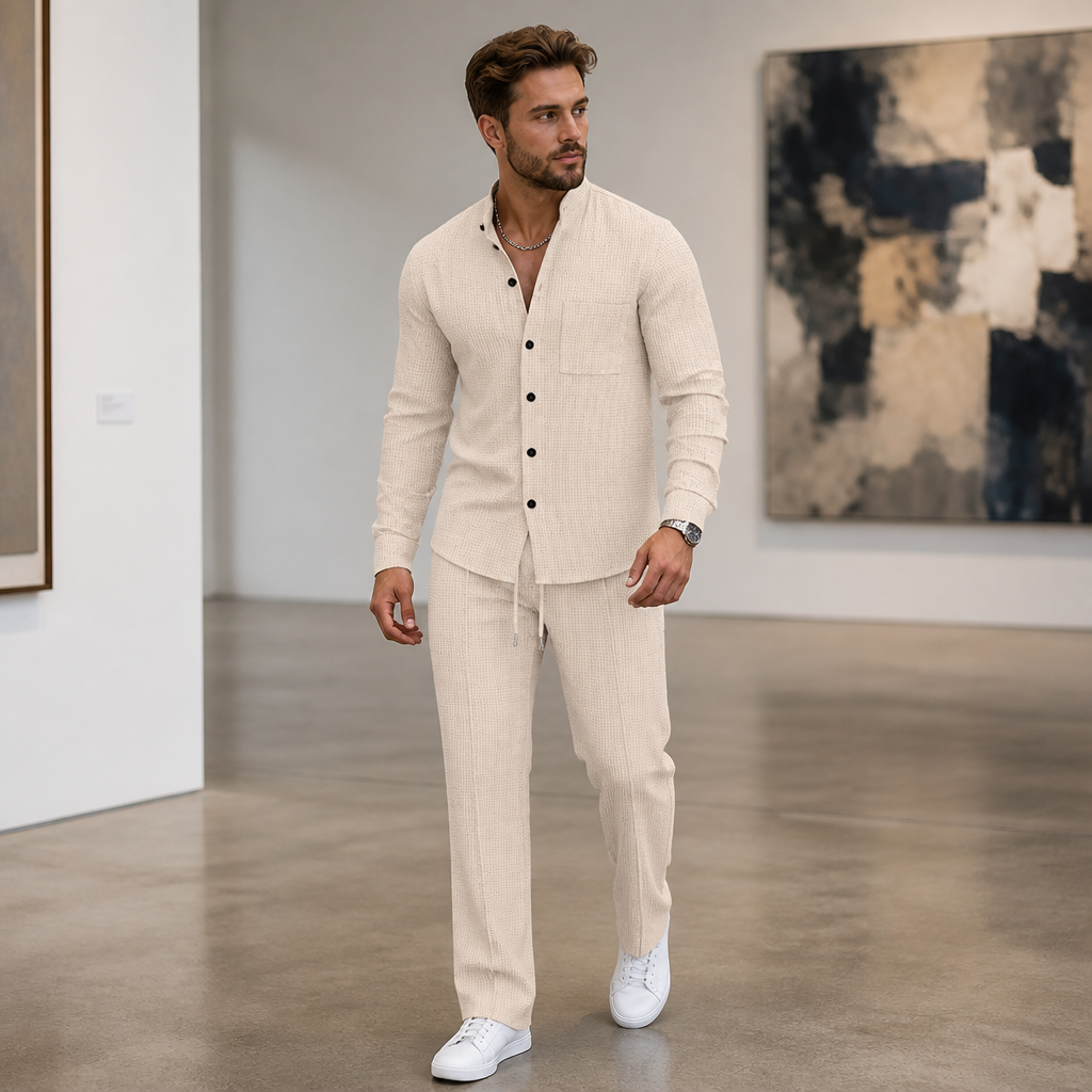 RavenaLux™ – Custom Waffle Knit Mandarin Collar Shirt and Pants Ensemble
