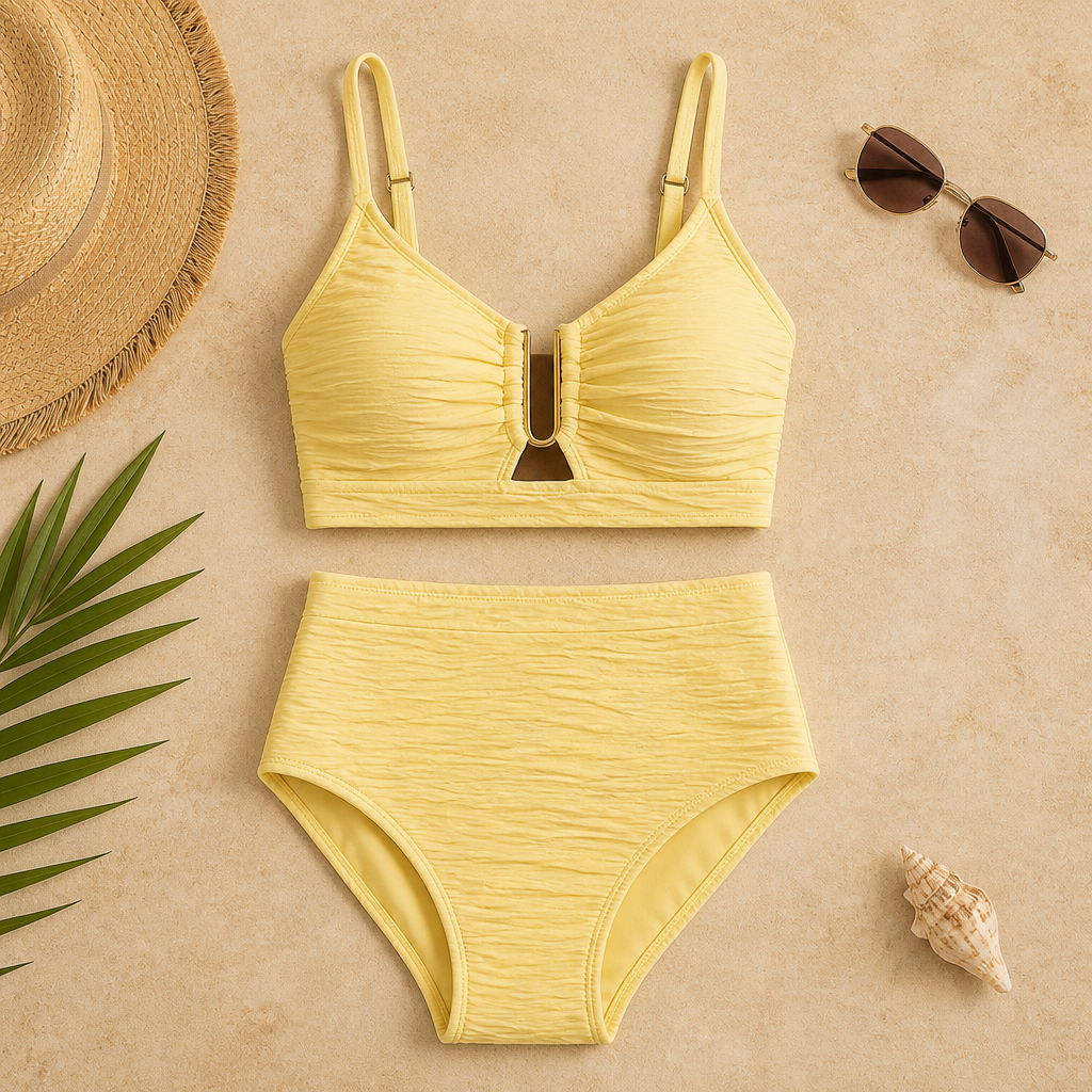VeloraCurve™ – High-Waist Tummy-Control Bikini Set with Gold U-Wire