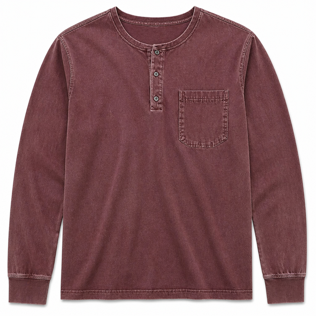 VeroVibe™ – Long Sleeve Henley in Vintage Wash with Chest Pocket