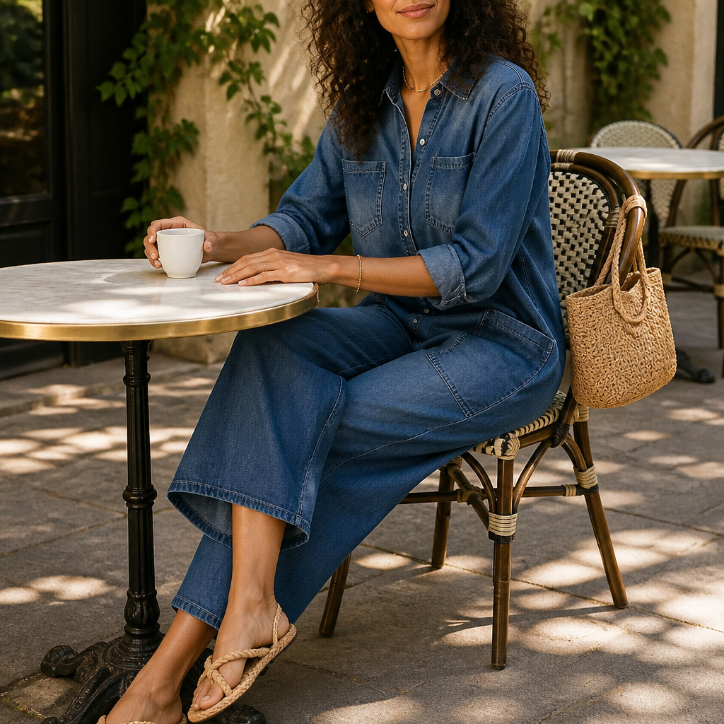 Flowease™ – Laid-Back Wide-Leg Denim Jumpsuit Featuring Button-Front Top