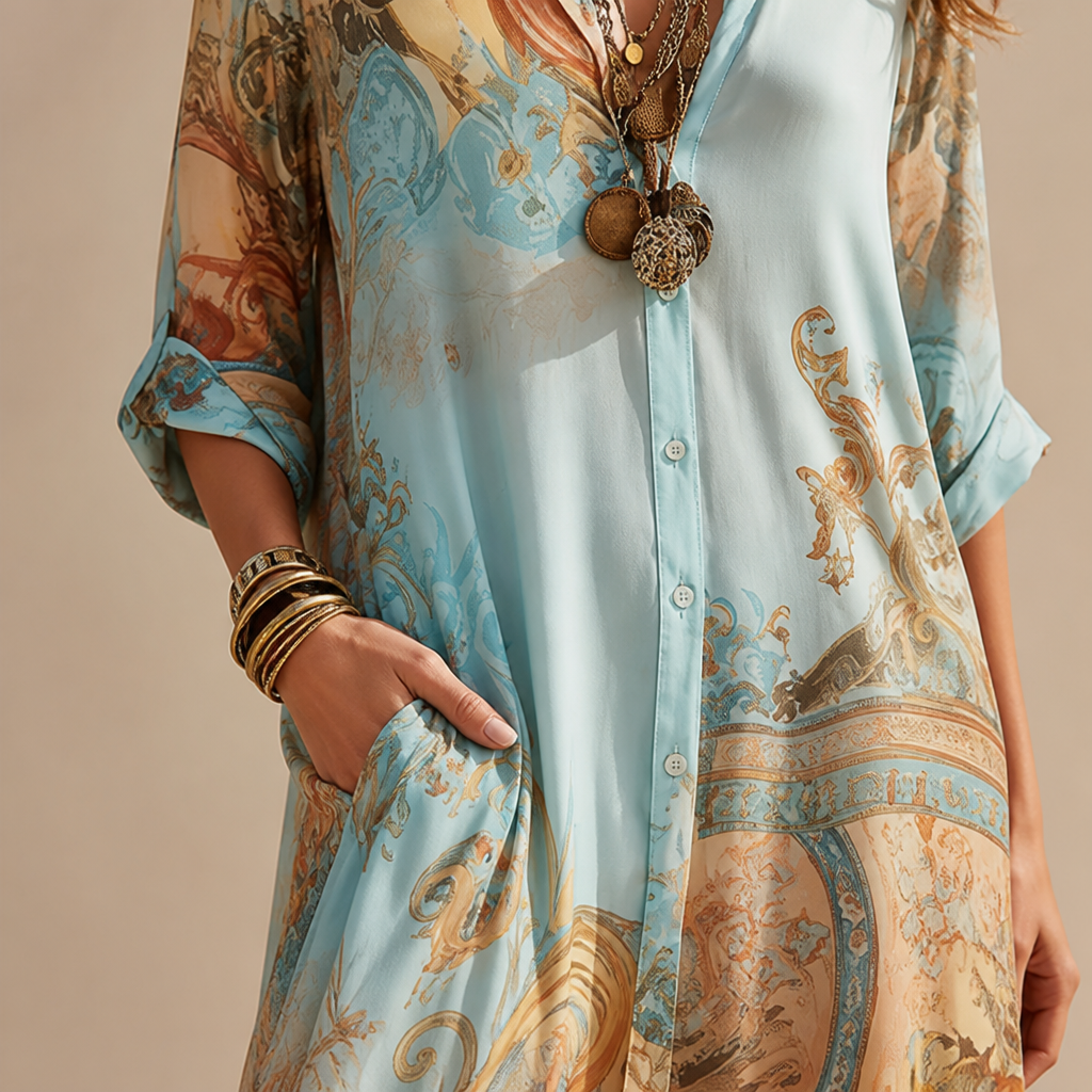 Seabreeze Serenade™ – Flowy Mediterranean-Print Maxi Shirt Dress with Side Slit