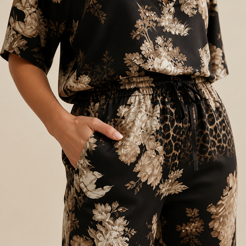 Lumiera™ – Elegant V-Neck Two-Piece Set with Signature Print