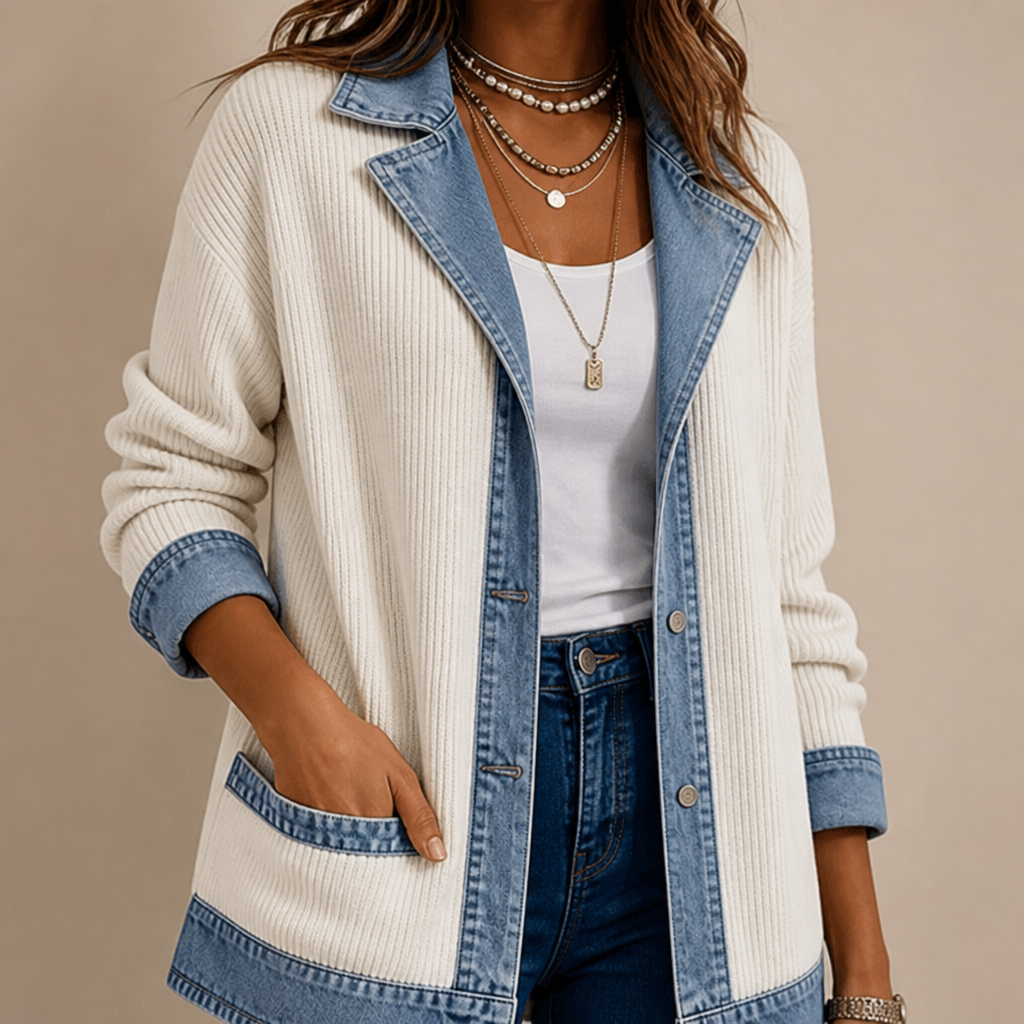 SolaceRidge™ – Soft Ribbed Knit Jacket with Contrast Denim Trim