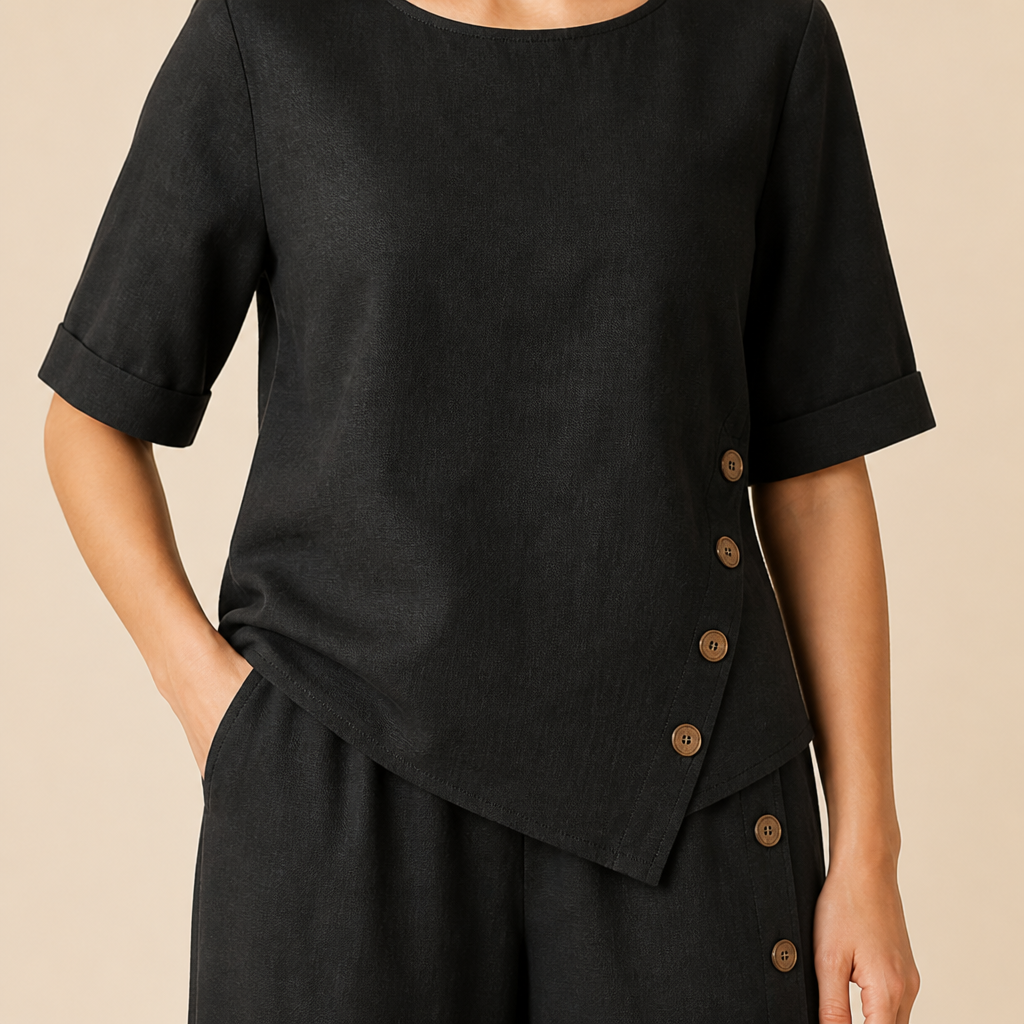 SilkaLuxe™ – Relaxed Linen-Feel Two-Piece Set with Asymmetric Button Hem