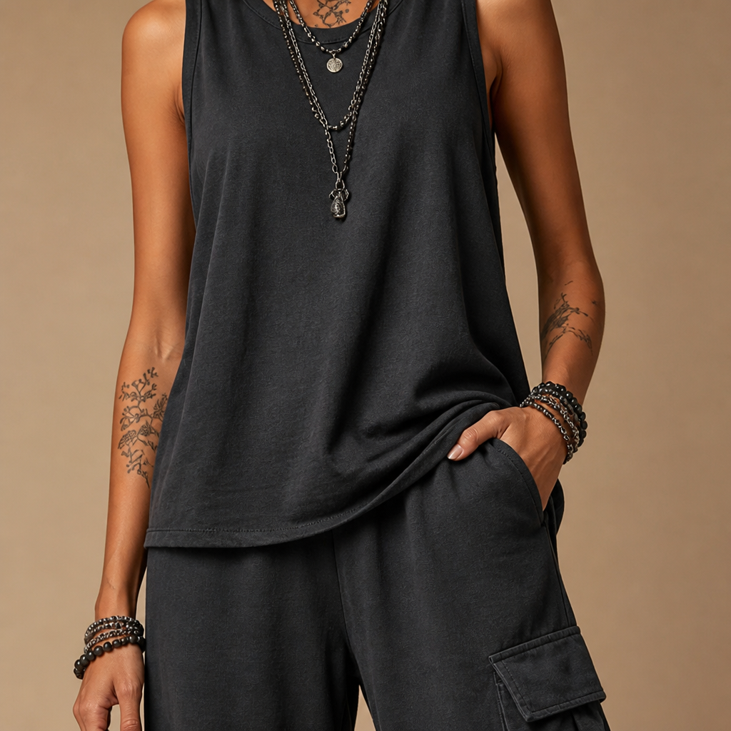 LuxeStride™ – Washed Cotton Tank and Cargo Jogger Set