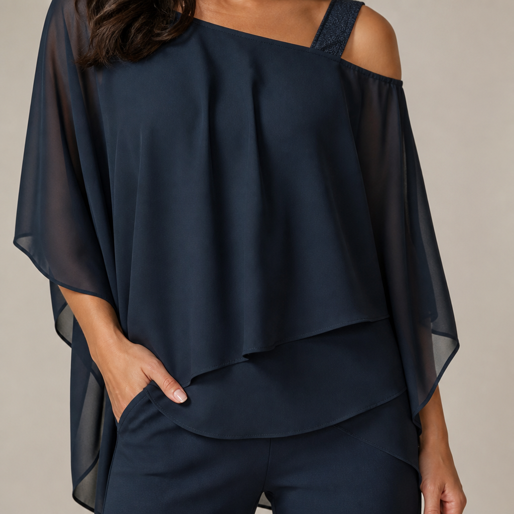 LumaVieve™ – Sleek Asymmetric One-Shoulder Two-Piece Set with High-Rise Pants