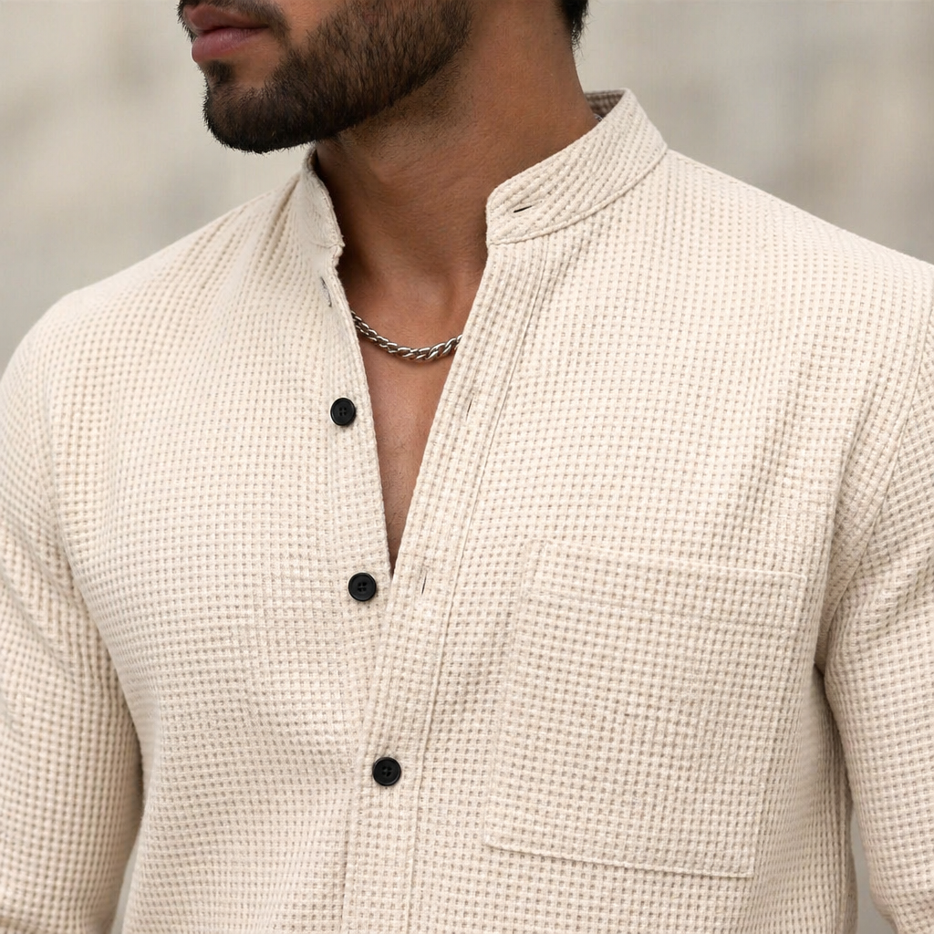 AnyWear™ – Casual Waffle-Knit Shirt & Pants Set Featuring Mandarin Collar