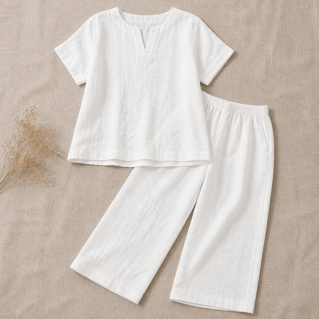 LumoraEase™ – Comfy Cotton-Linen V-Neck Two-Piece Ensemble
