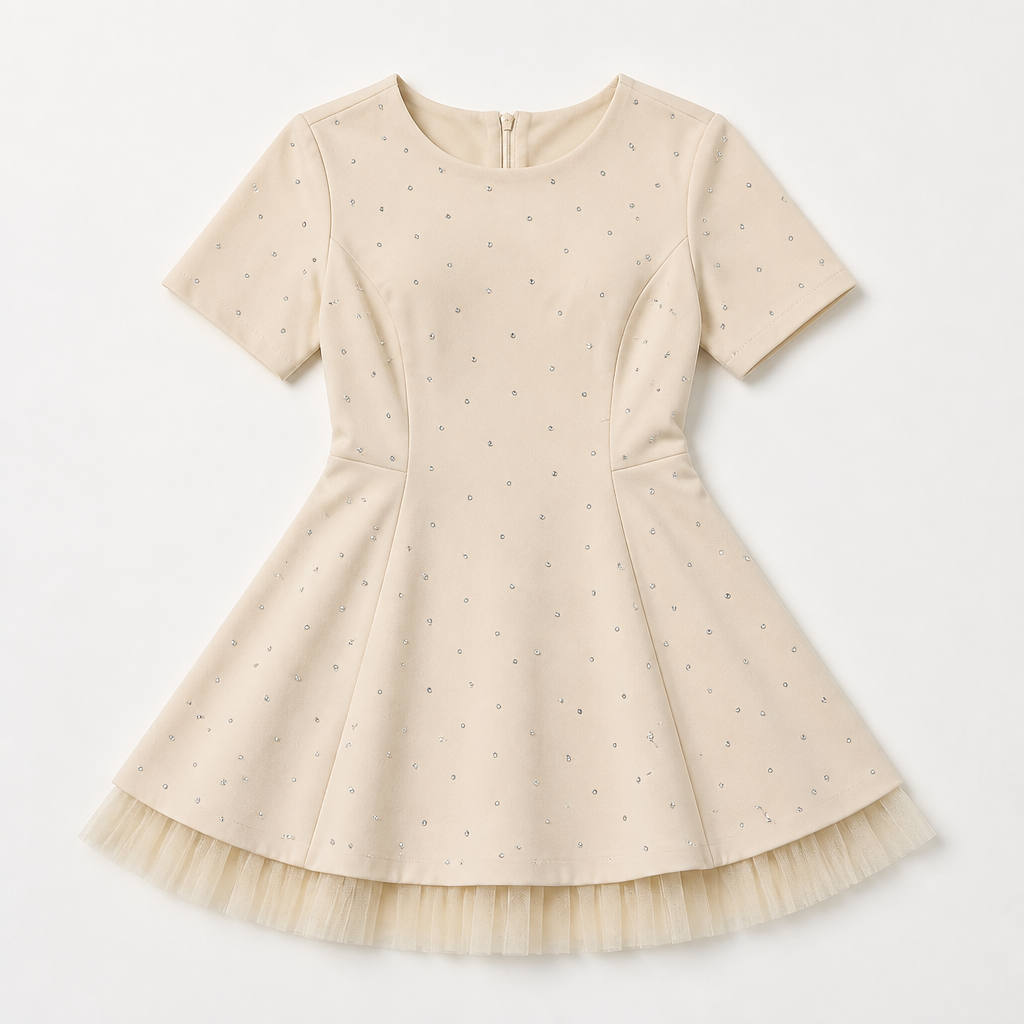 VeroLux™ – Mini Dress with Rhinestone Accents and Layered Tulle Hem