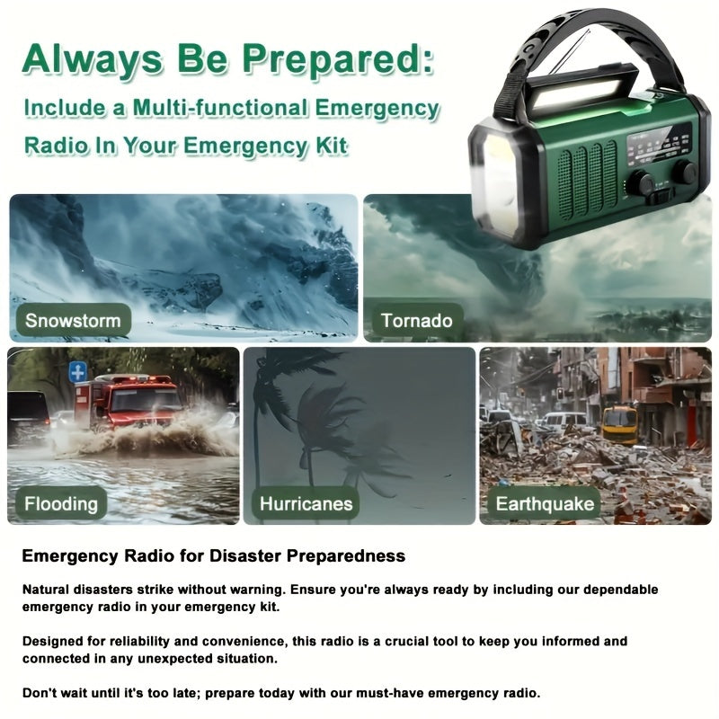 Survival Radio with 10,000 mAh Battery | Solar, Hand Crank & USB-C Charging | LED Torch, SOS Alert & Navigation