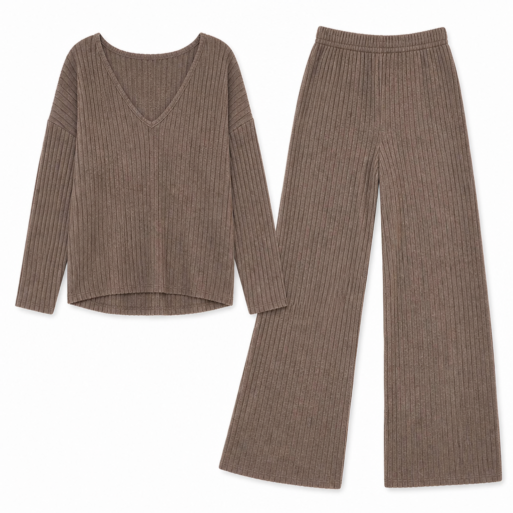 Serelis™ – Soft Ribbed V-Neck Lounge Set Featuring Wide-Leg Pants