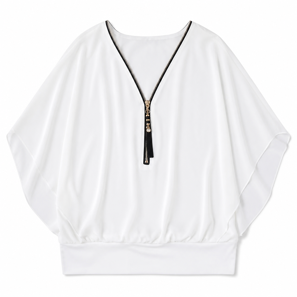 LuminaFlex™ – Airy Chiffon V-Neck Top with Zip Accent