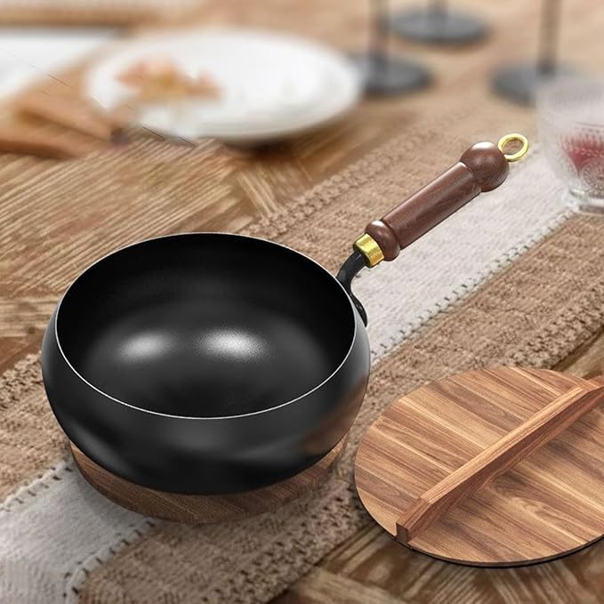 Handcrafted Iron Skillet with Wooden Handle, 24–28 cm