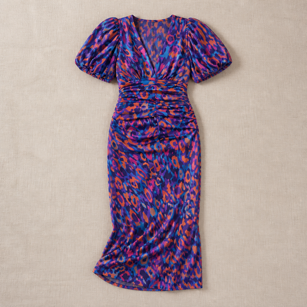 LuminaLuxe™ – Vibrant Printed Midi Dress with Puff Sleeves