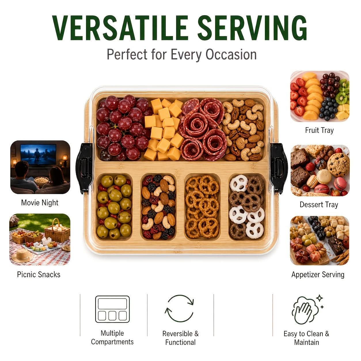 Bamboo Snack Tray with Lid – Divided Design for Serving and Storage