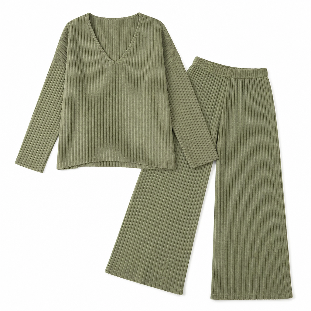 Serelis™ – Soft Ribbed V-Neck Lounge Set Featuring Wide-Leg Pants