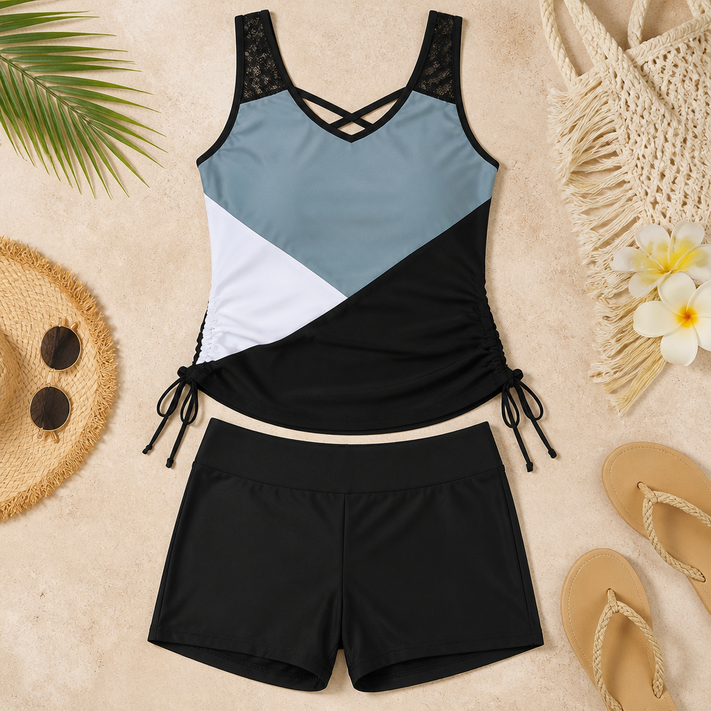 AquaVanta™ – Tummy-Control Tankini Set with Adjustable Side Ties