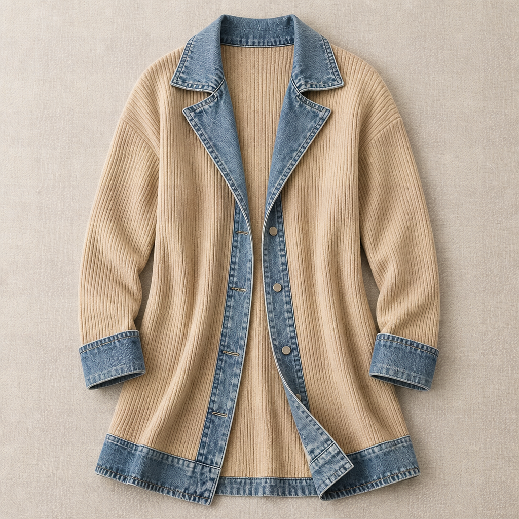 SolaceRidge™ – Soft Ribbed Knit Jacket with Contrast Denim Trim