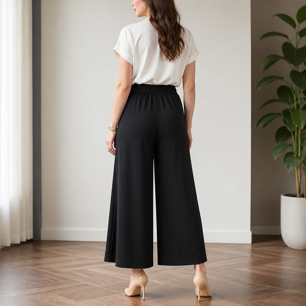 VeroLuxe™ – Wide-Leg Flowing Pleated Pants Featuring Side Button Accent