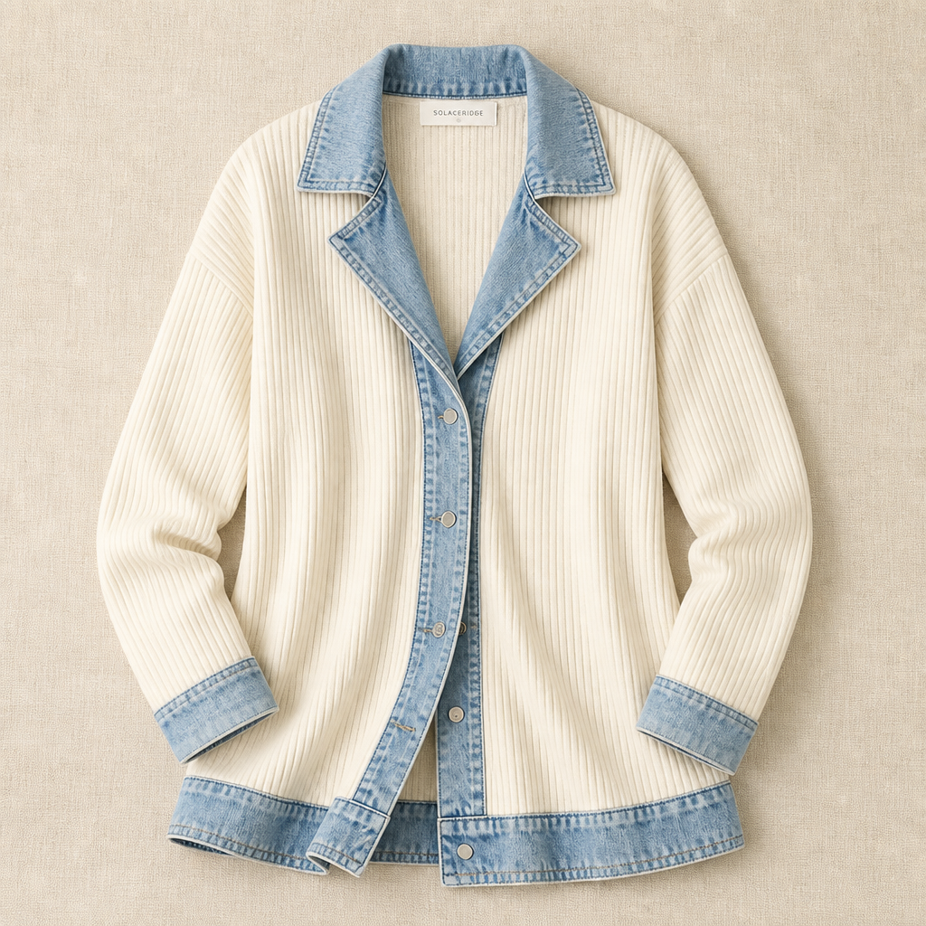 SolaceRidge™ – Soft Ribbed Knit Jacket with Contrast Denim Trim