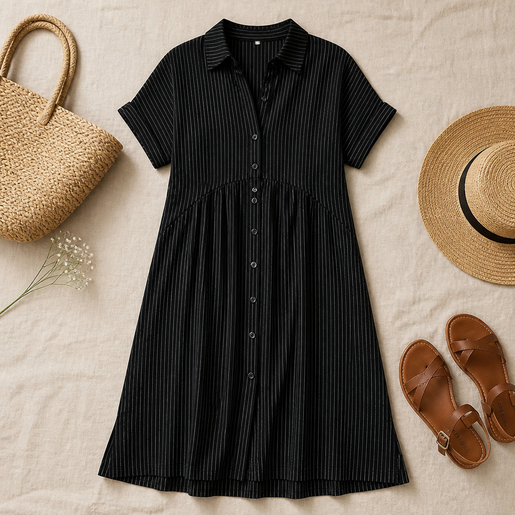 LunaVerve™ – Airy Striped Button-Down Midi Shirt Dress