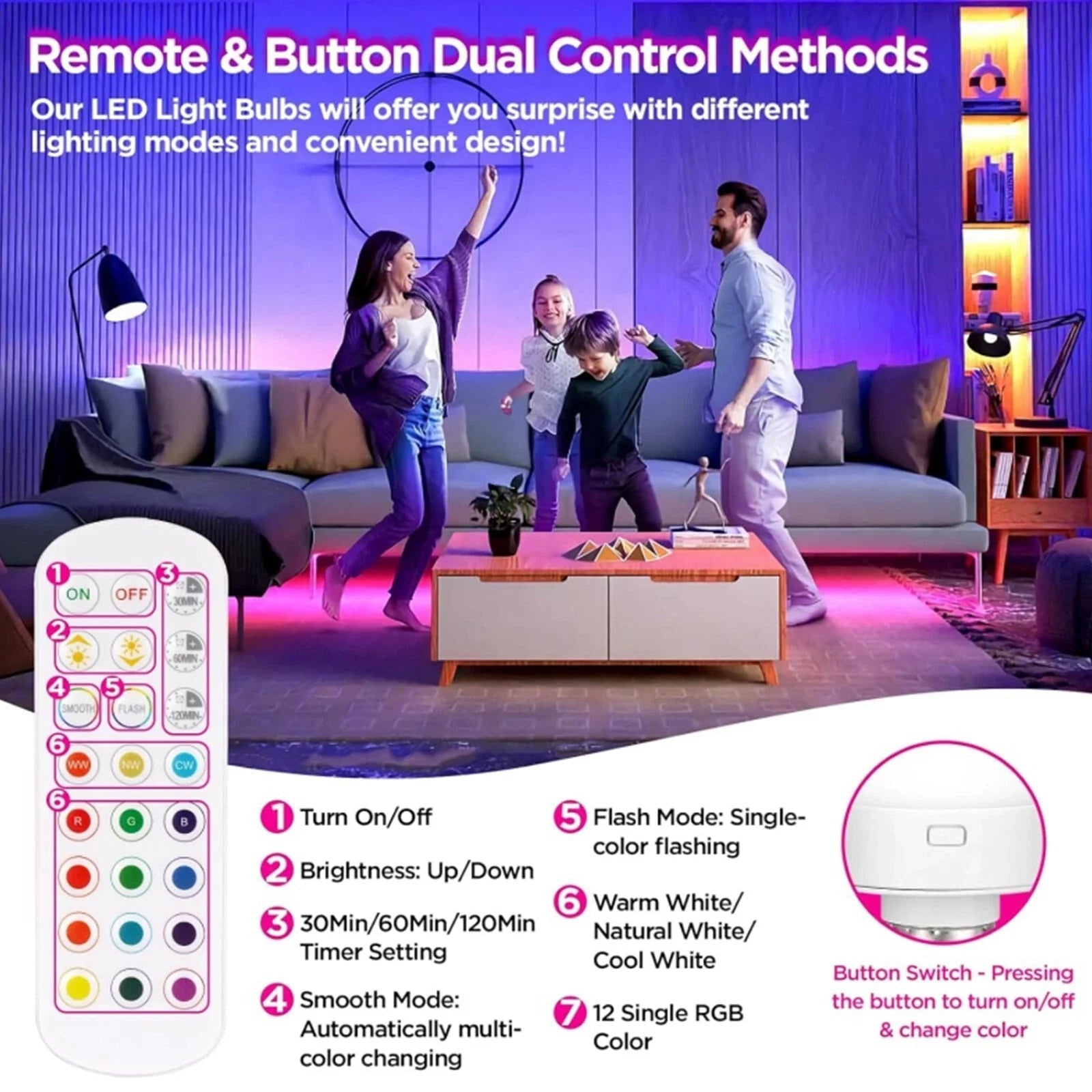 Rechargeable E27 RGB LED Lamp with Remote Control – Cordless Installation