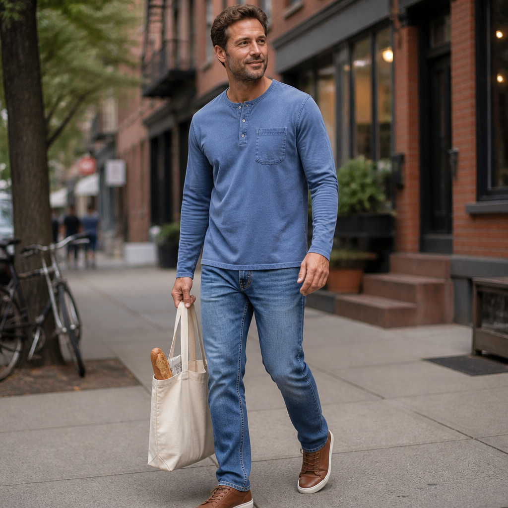 VeroVibe™ – Long Sleeve Henley in Vintage Wash with Chest Pocket