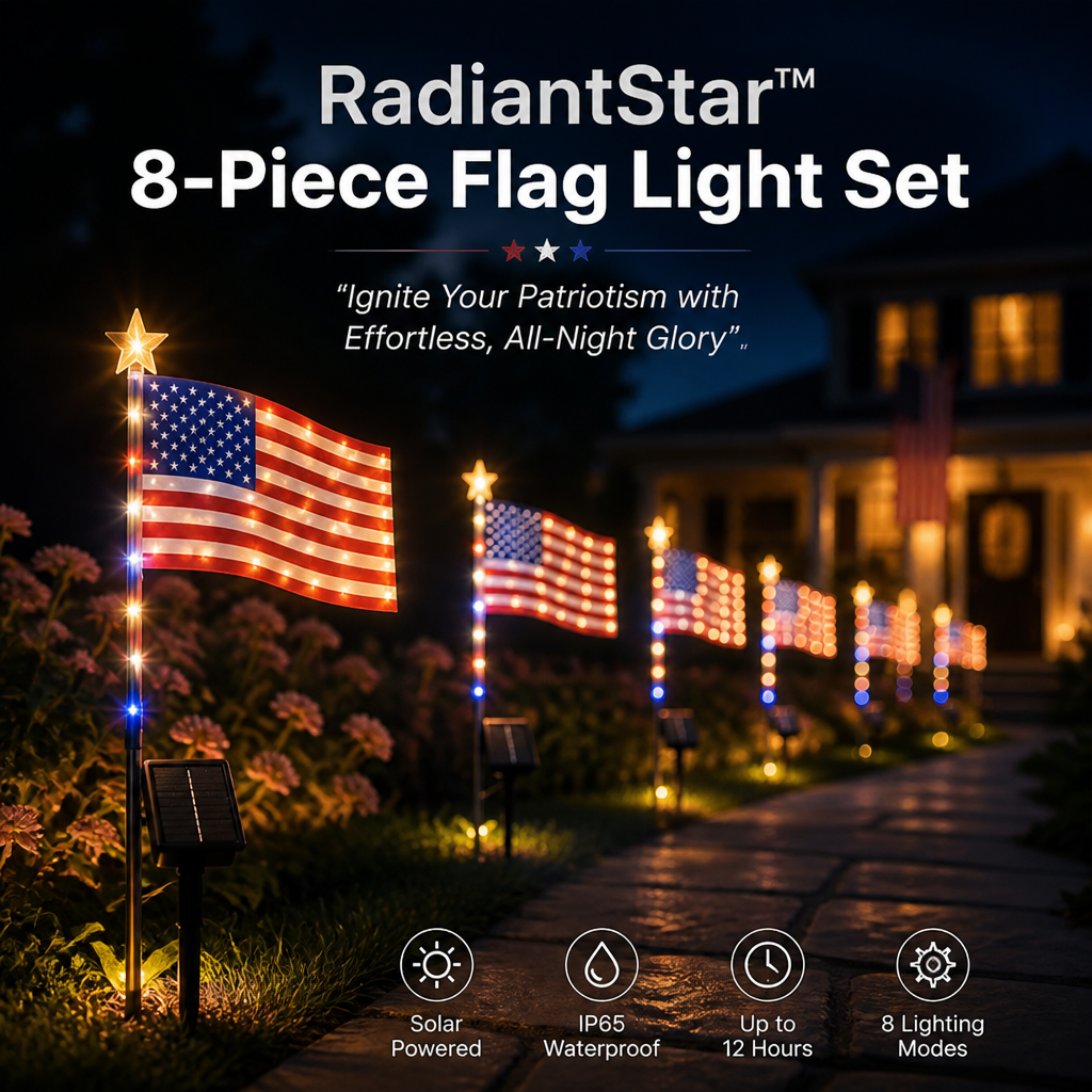 RadiantStar™ 8-Piece Flag Light Set — Ignite Your Patriotism with Effortless, All-Night Glory
