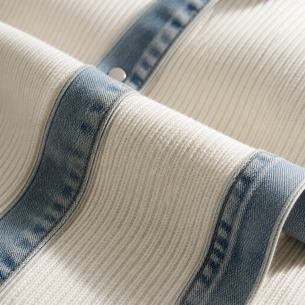 SolaceRidge™ – Soft Ribbed Knit Jacket with Contrast Denim Trim
