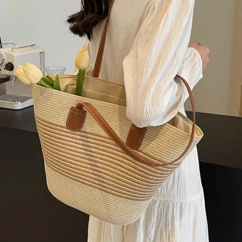 Spacious Shoulder Bag with Straw Design
