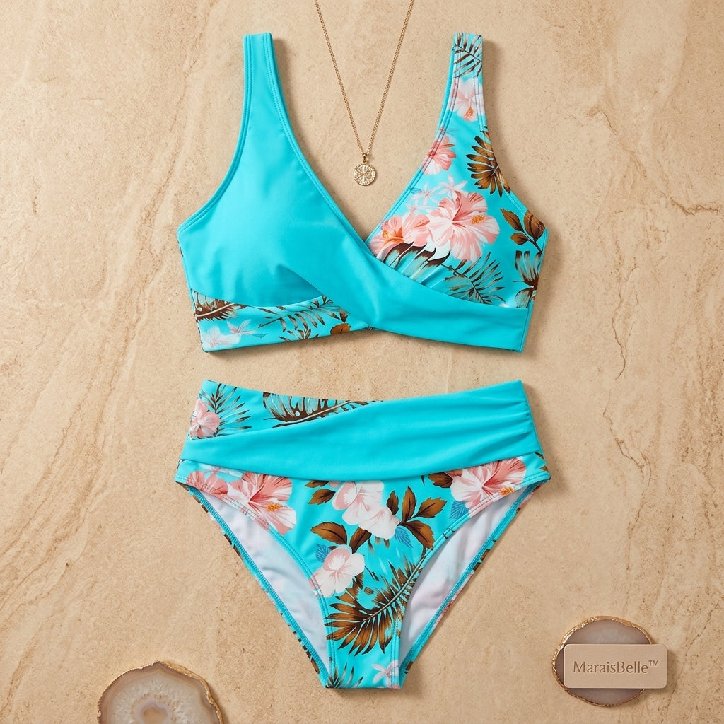 MaraisBelle™ – Tropical Floral Wrap-Front Bikini Set with High-Waisted Ruched Bottom