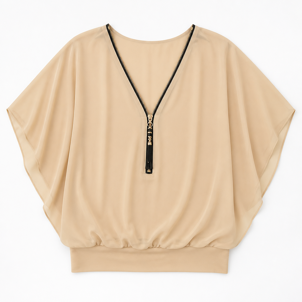 LuminaFlex™ – Airy Chiffon V-Neck Top with Zip Accent