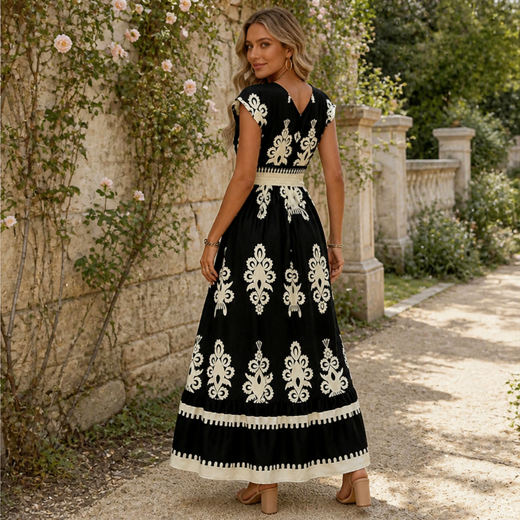 LuminaSway™ – V-Neck Maxi Dress with Vintage Baroque Print