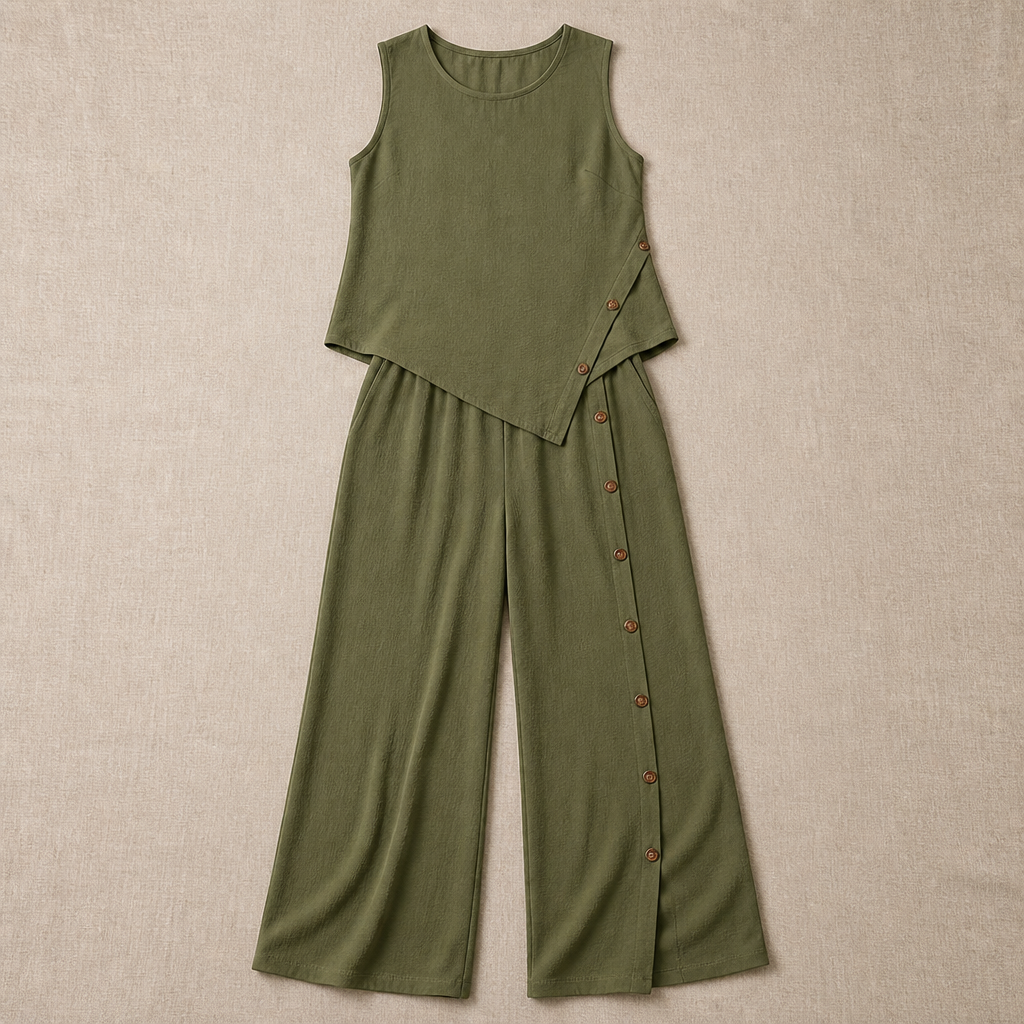 VivaLuxe™ – Breezy Wide-Leg Two-Piece Set with Asymmetric Button Detail