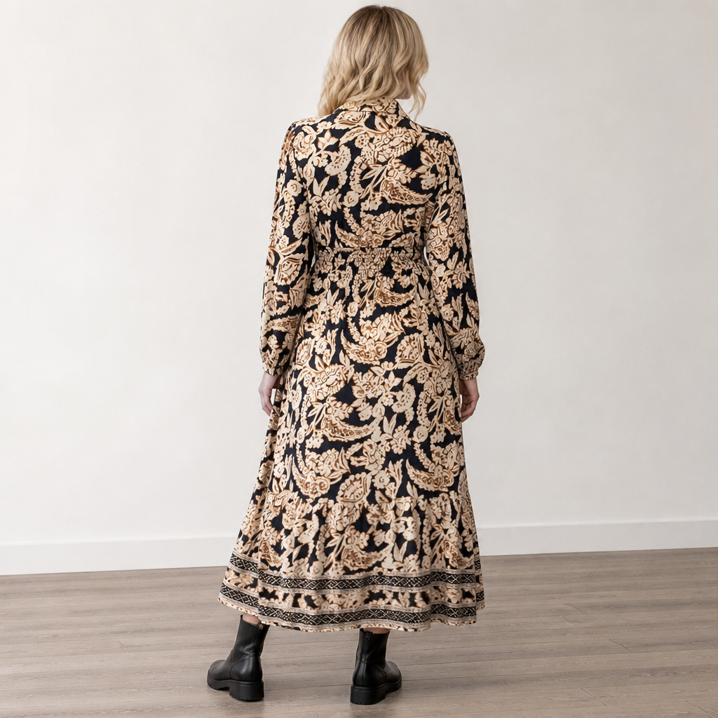 BloomAura™ – Retro Block-Print Shirt Dress with Smocked Waist