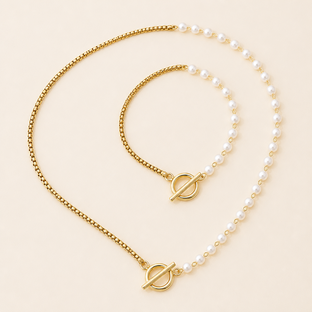 ViraLuxe™ – Gold Asymmetric Pearl and Chain Necklace & Bracelet Set