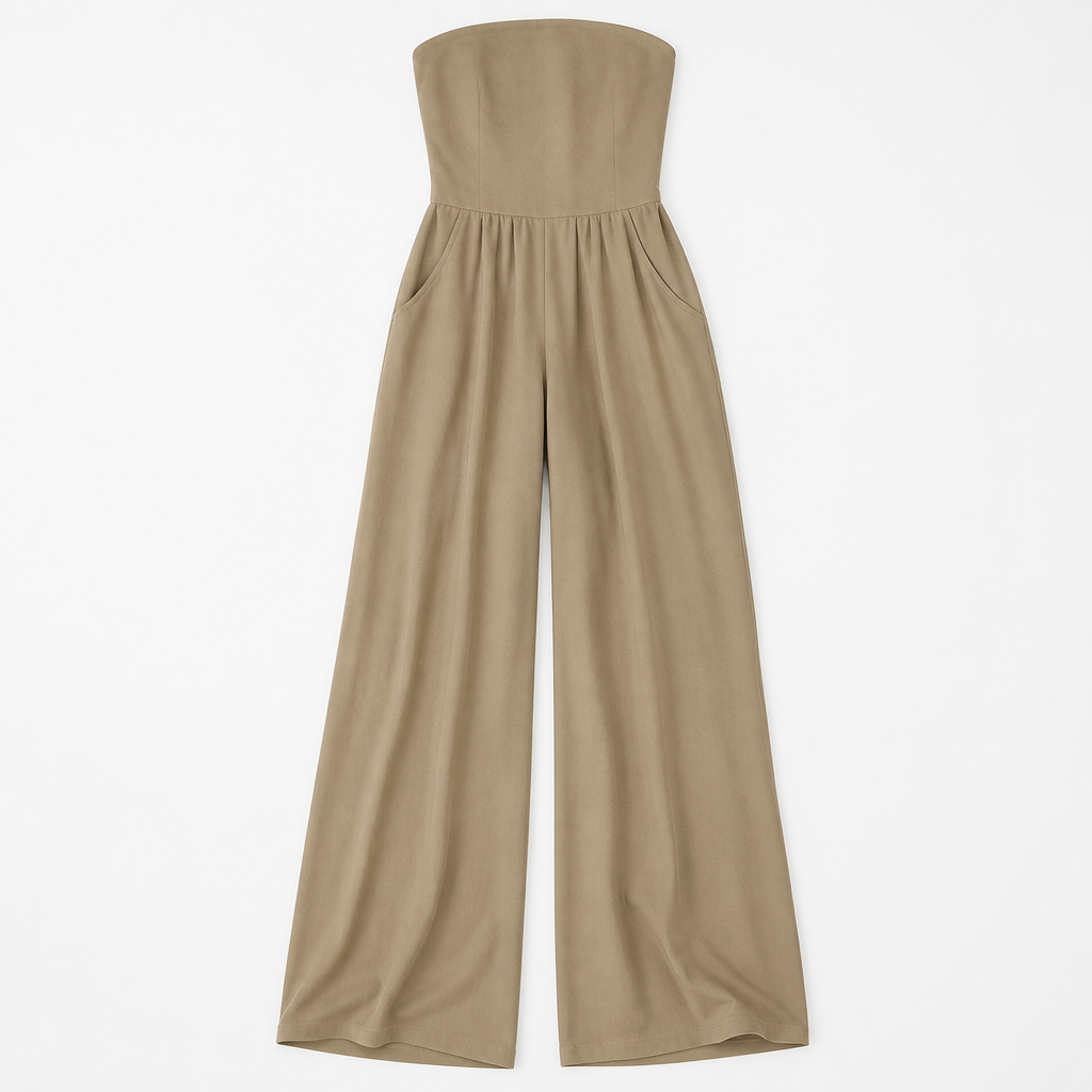 Solenne™ – Chic Strapless Wide-Leg Jumpsuit with Smocked Back