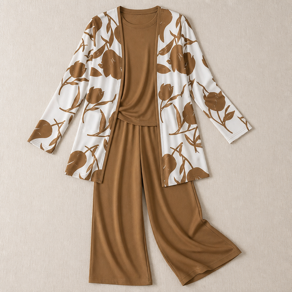 VelaLuxe™ – Elegant 3-Piece Set with Floral Cardigan & Wide-Leg Pants