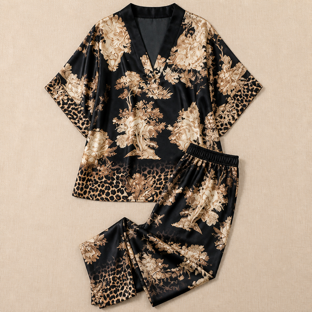 Lumiera™ – Elegant V-Neck Two-Piece Set with Signature Print
