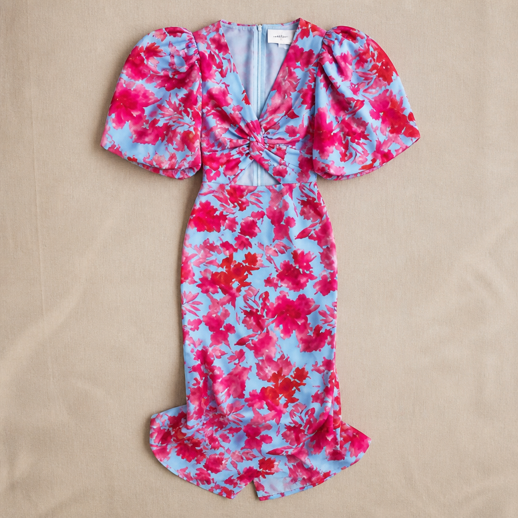 LuminaLuxe™ – Vibrant Printed Midi Dress with Puff Sleeves